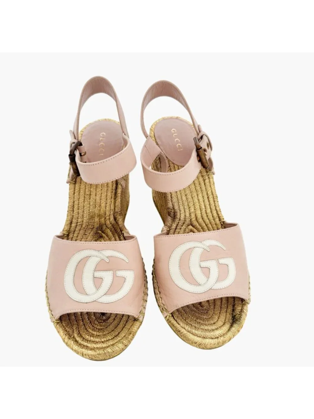 Gucci Flor GG Espadrille Wedge Sandals EU 39.5 US 9.5 Pink Gold Platform Heel